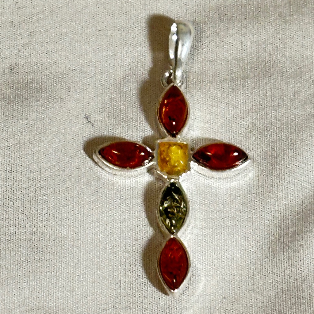 925 Sterling Silver Amber Cross Pendant Multicolor Amber CognacGreenYellow 135$